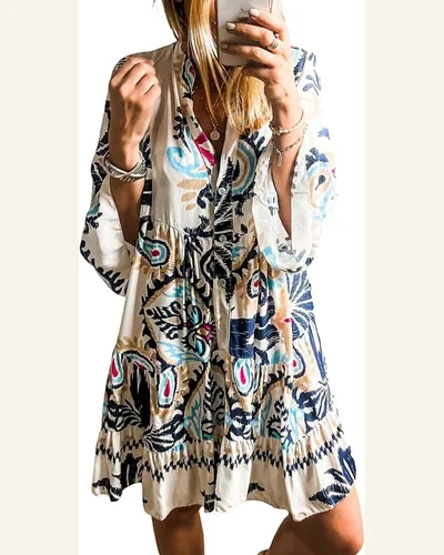 Long Sleeve Dresses Casual V Neck Tribal Mini, view 1