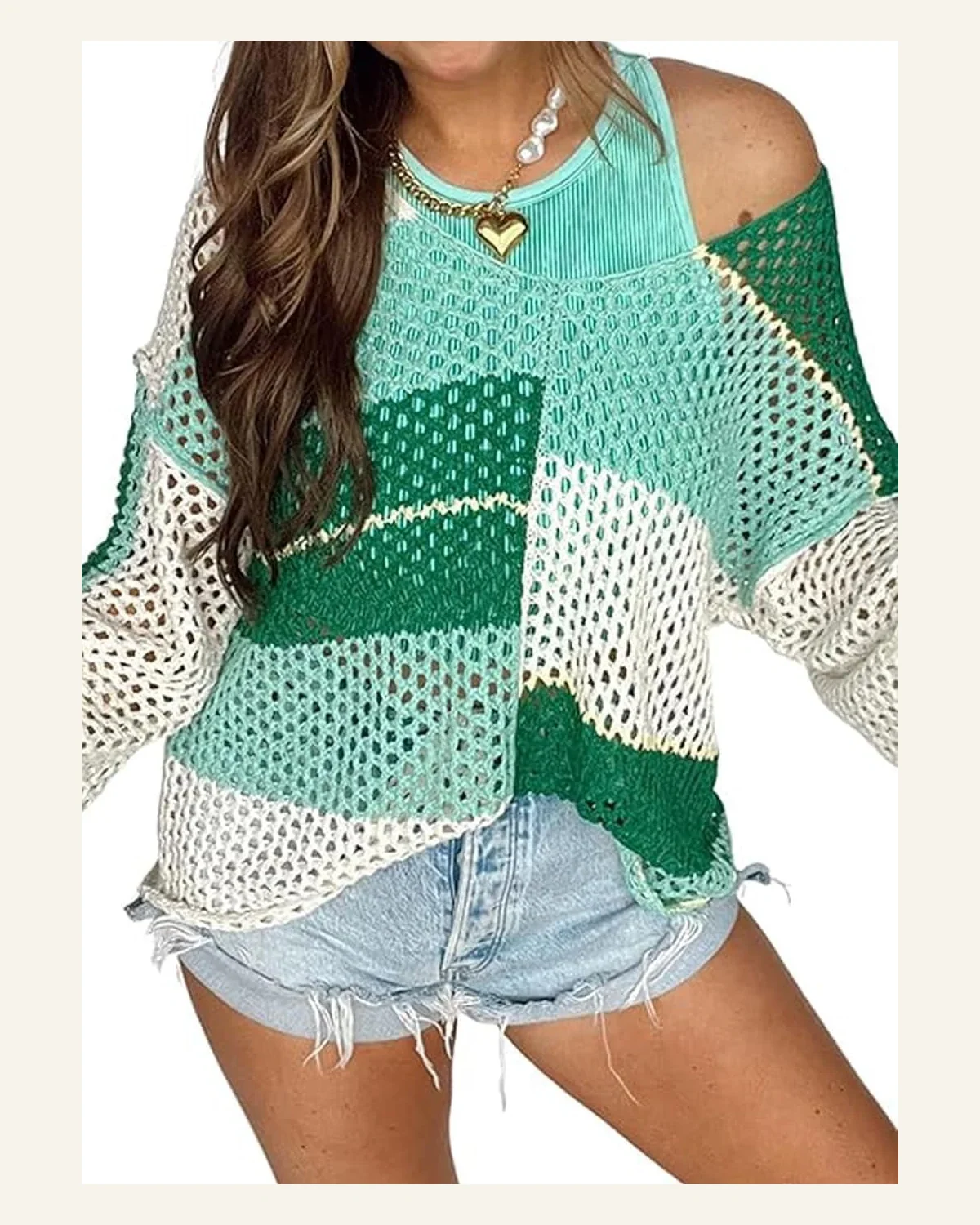 Casual Color Block Pullover Sweater Tops Dark Green by SELINK