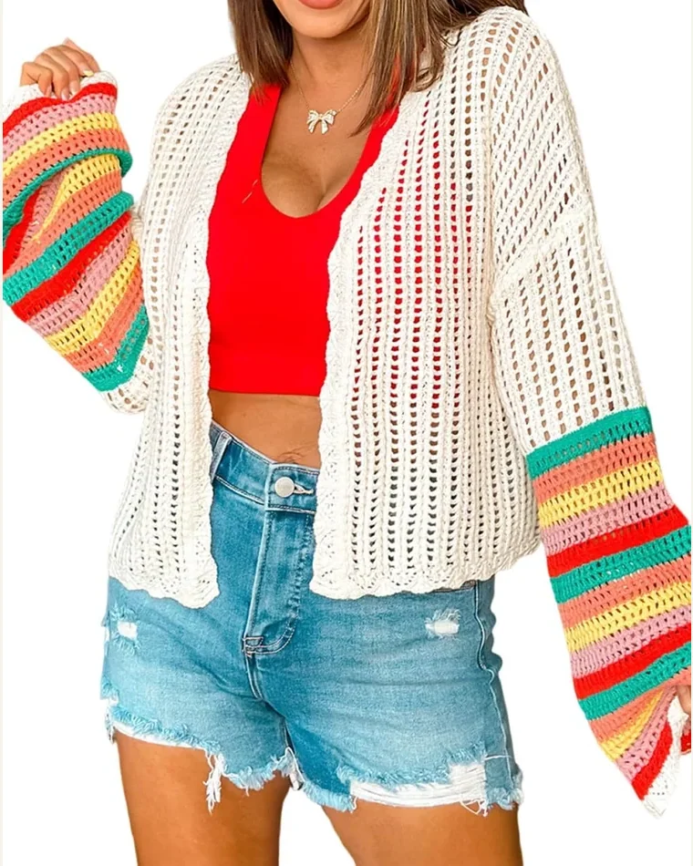 Casual White Color Block Hollow Out Cardigan Sweater by SELINK