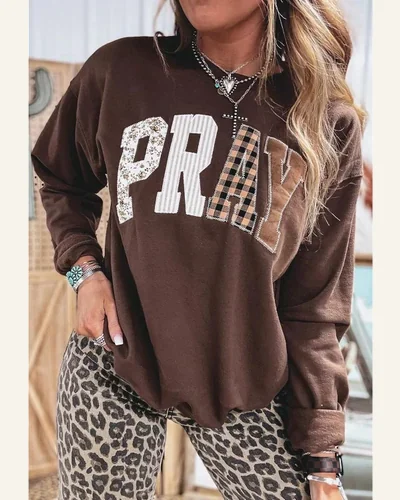 Sweatshirt PRAY Patchwork Crewneck Pullover Top, view 3