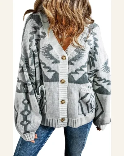 Cardigan Sweater Casual Light Grey Geometric Pattern Ribbed, view 1