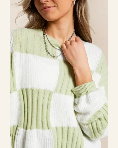 Casual Grass Green Checkered Textured Knit Pullover Sweater, view 4