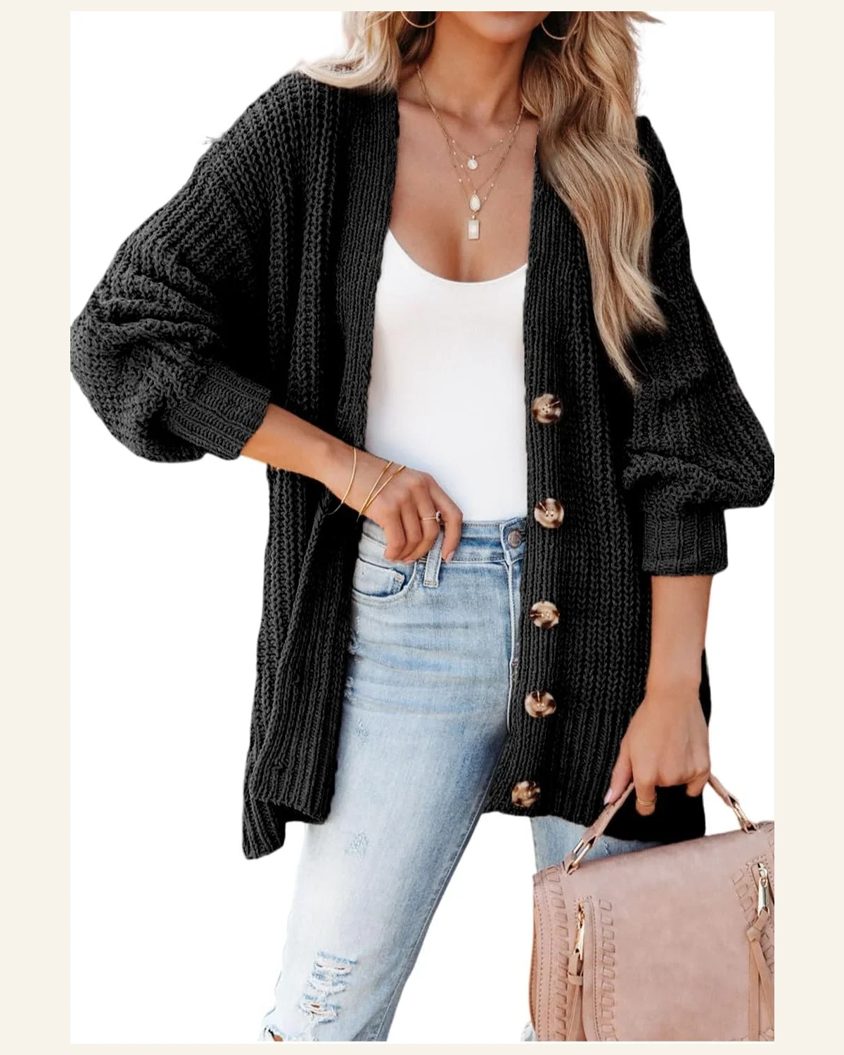 Cardigan Sweater Basic Black Buttoned Front Drop Shoulder by SELINK