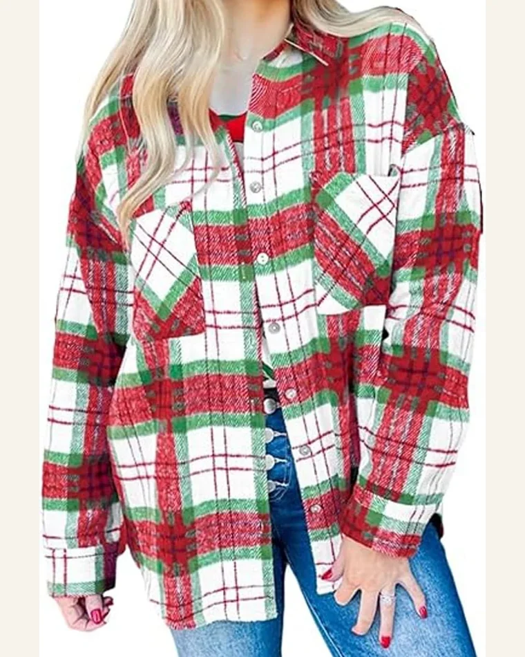 Christmas Flannel Shirt Red Plaid Button Down Shacket by SELINK