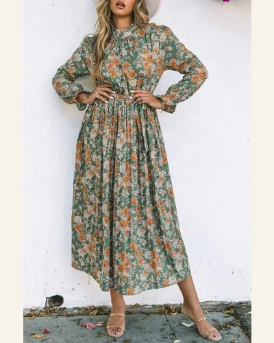 Fall Dresses Elegant Green Pleated Long Sleeve Maxi, view 4