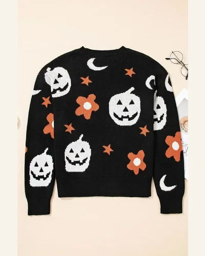 Casual Black Halloween Pullover Sweater Mythical Night Pattern, view 4