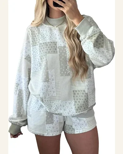 Patchwork Baggy Pullover Drawstring Shorts Matching Set, view 4