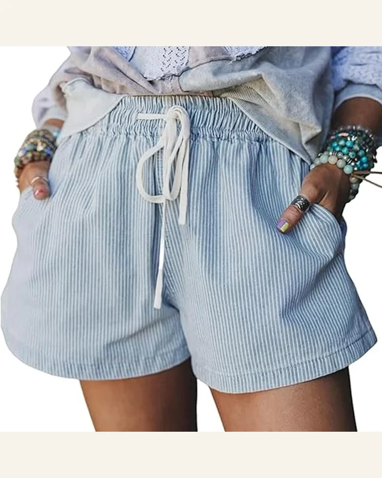 Casual Sky Blue Stripe Drawstring Denim Shorts by SELINK