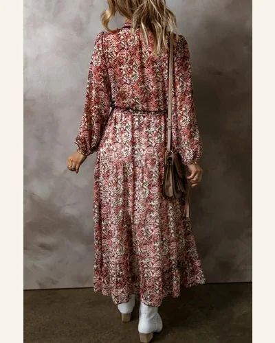 Fall Dresses Boho Brown Floral Print Split Front, view 2
