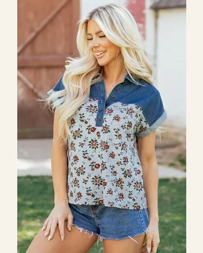 Retro Floral Print Denim Patchwork Polo T-Shirt, view 3