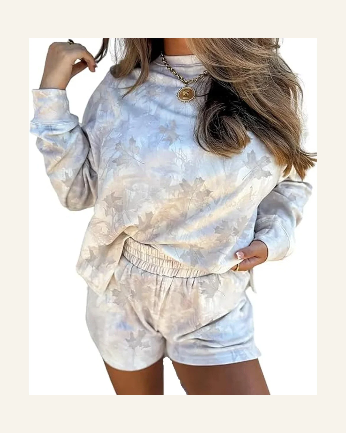 2 Piece Outfits Casual Beige Camo Pullover Top by SELINK