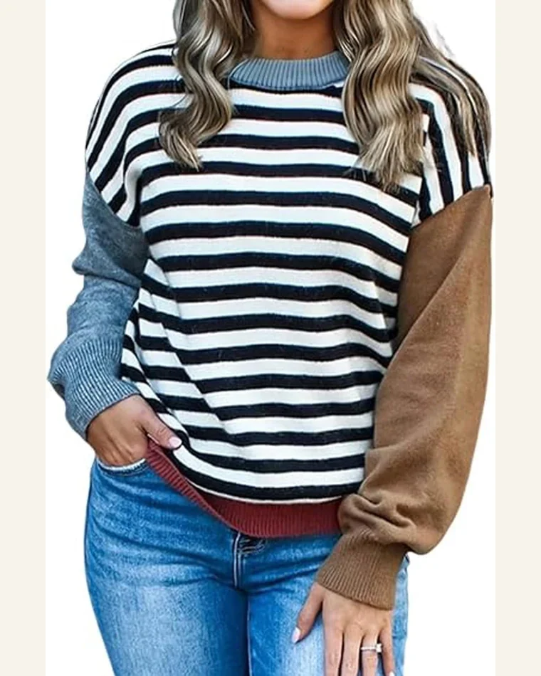 Casual Striped Panels Colorblock Sweater Long Sleeve Round by SELINK