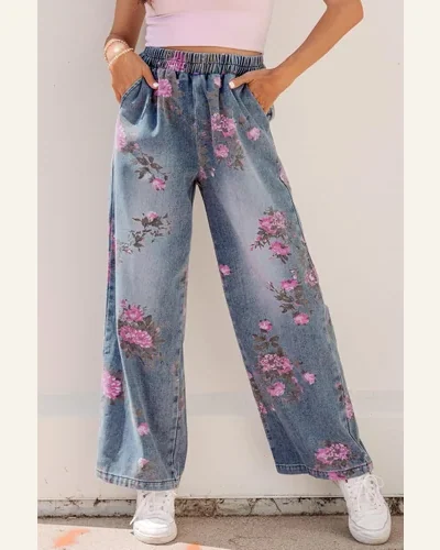 High Waisted Jeans Beau Blue Floral Elastic Waist, view 4