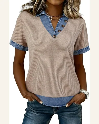 Denim Patchwork Tunic Top Ribbed Knit Button Blouse, view 1