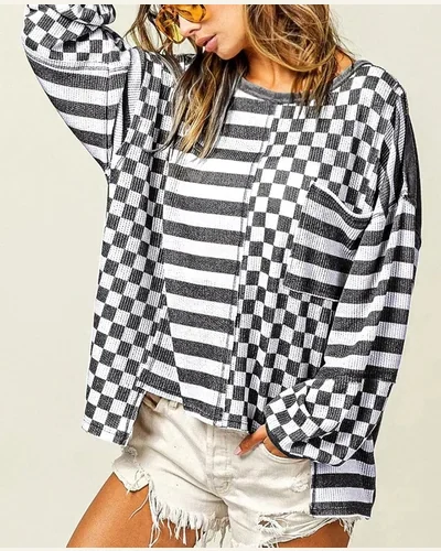 Long Sleeve Shirts Checkerboard Striped Patchwork Lantern Sleeve, view 3