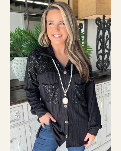 Shacket Jacket Casual Black Sequin Patch Chest Pocket, view 4