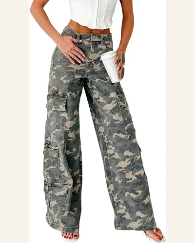 Casual High Waisted Jeans Cargo Wide Leg Loose, view 1