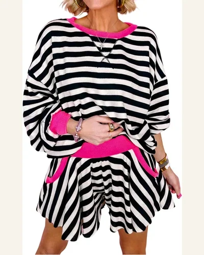 2 Piece Sets Casual Striped Colorblock Crewneck Pullover, view 1