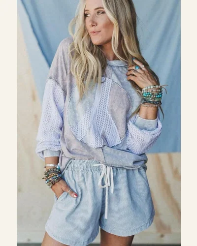Casual Sky Blue Stripe Drawstring Denim Shorts, view 4