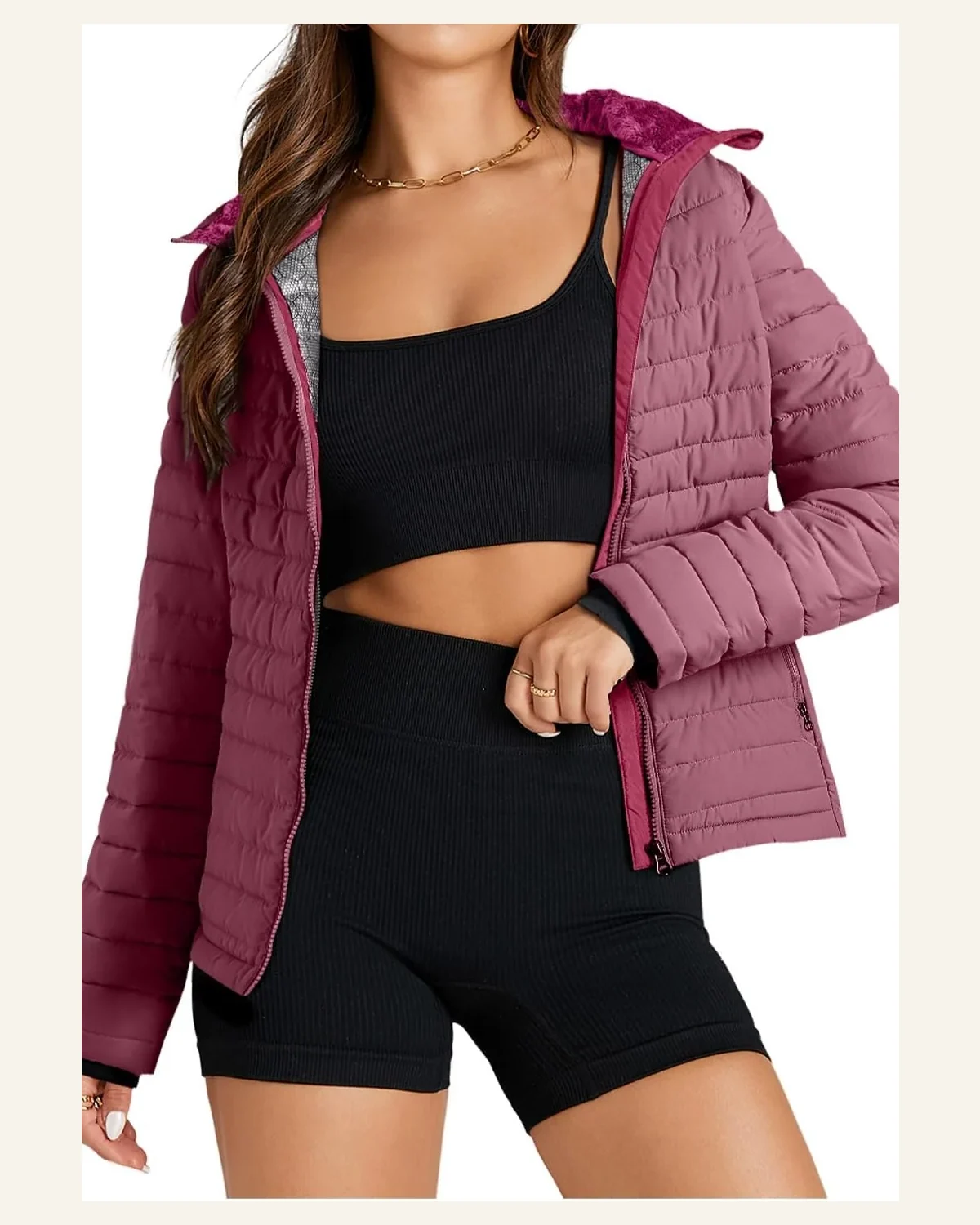 Shacket Jacket Casual Burgundy Solid Color Quilted Zip-up by SELINK