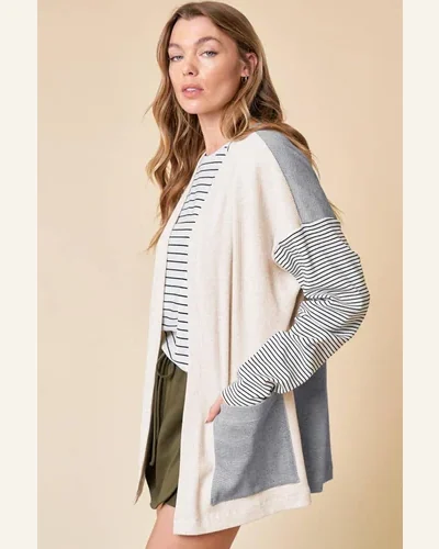 Cardigan Sweater Casual Black Stripe Colorblock Patchwork Open, view 3