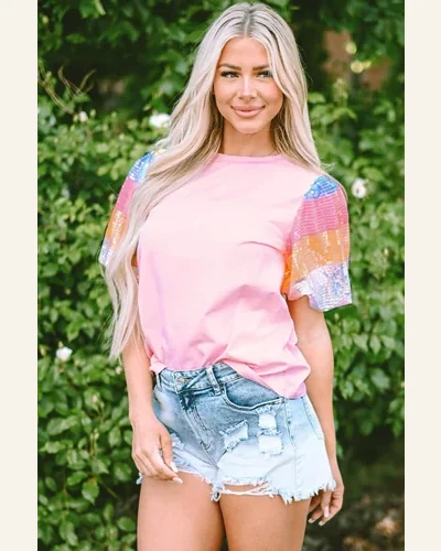 Short Sleeve T Shirt Casual Pink Sequin Colorblock, view 4