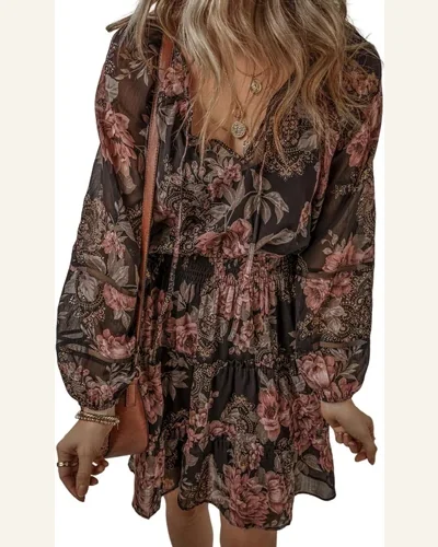 Fall Dresses Boho Black Vintage Floral Puff Sleeve, view 1