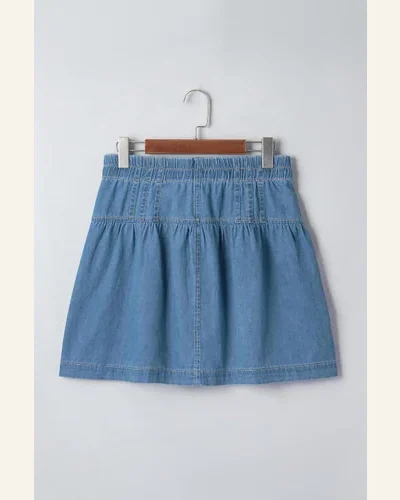 Casual Sky Blue Half Buttons Pleated Denim Mini Jeans, view 4