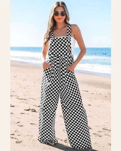 Casual Black Checkered Overalls Wide Leg Sleeveless High, view 4