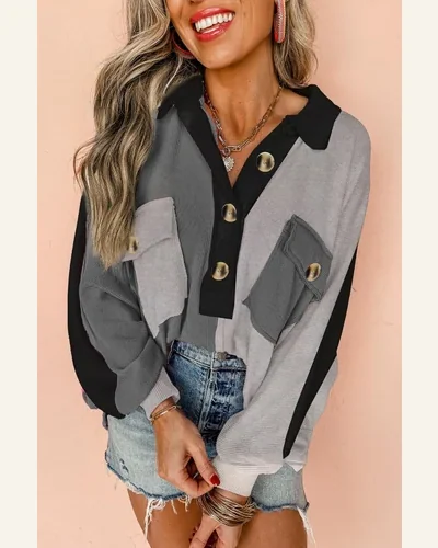 Casual Gray Oversized Sweatshirt Patchwork Color Block Long, view 3