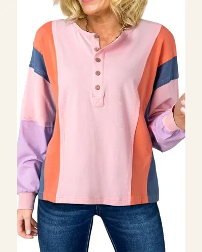 Tunic Tops Casual Pink Colorblock Long Sleeve Buttons, view 1