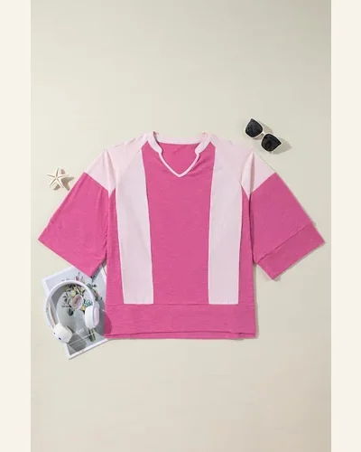 Tunic Tops Casual Bright Pink Textured Colorblock 3/4, view 4