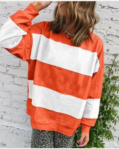 Oversized Sweatshirt Crewneck Striped Colorblock Shirts Long Sleeve, view 3