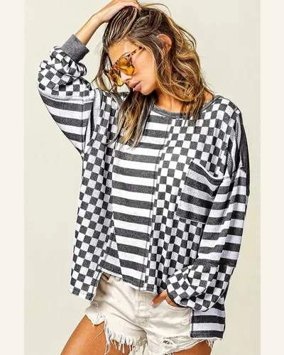 Tunic Tops Casual Dark Grey Checkerboard Striped Patchwork, view 3