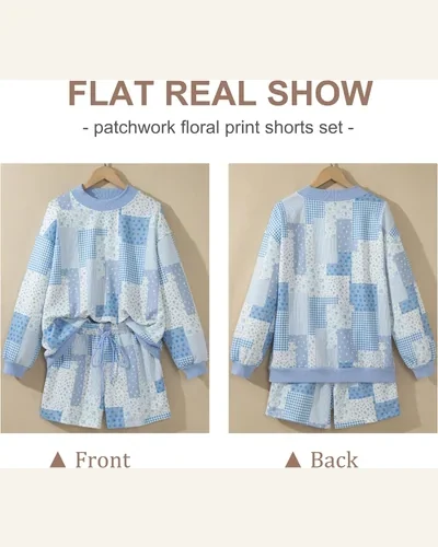Patchwork Baggy Pullover Drawstring Shorts Matching Set, view 3