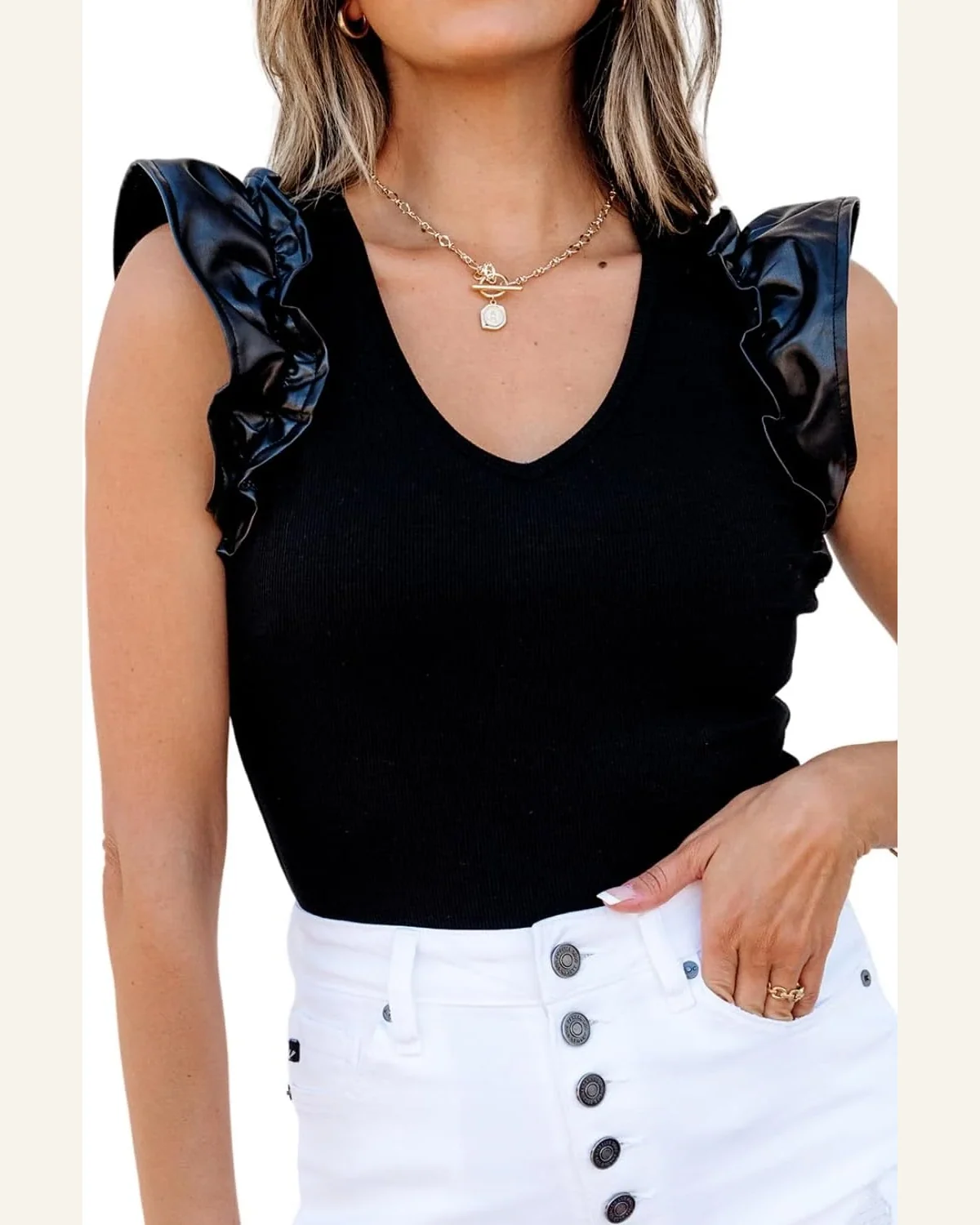 Bodysuit Black Leatherette Ruffle Patchwork Ribbed V Neck by SELINK