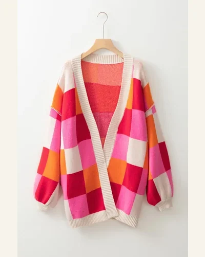 Open Front Checkered Drop Shoulder Cardigan Sweater, view 4