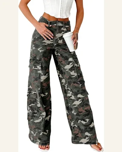 Casual High Waisted Jeans Cargo Wide Leg Loose, view 4