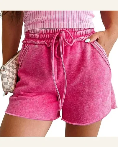 Casual Rose Red Mineral Washed Drawstring Elastic Waist Shorts, view 1