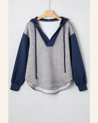 Casual Light Grey Sweatshirts Color Block V Neck, view 4