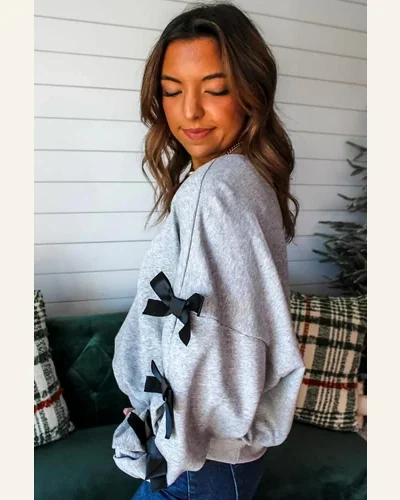 Casual Light Grey Contrast Bow Applique Sweatshirt Solid, view 2
