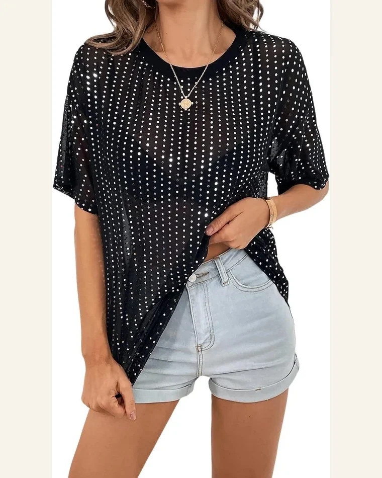 Short Sleeve T Shirt Casual Black Sequin Drop by SELINK