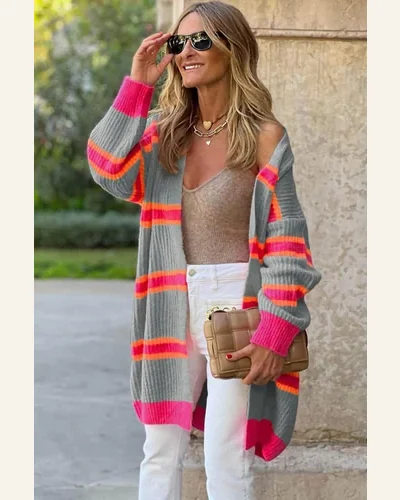 Cardigan Sweater Casual Medium Grey Stripe Printed Ribbed, view 4