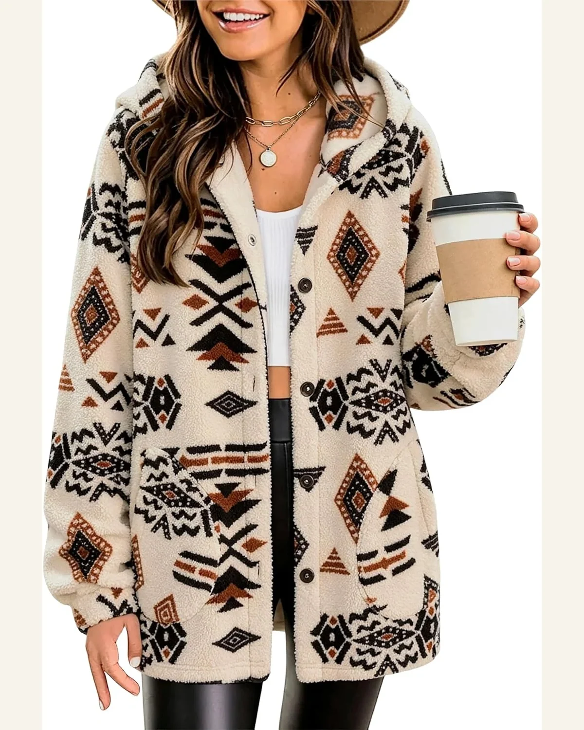 Aztec Fleece Hoodie Jacket Button Down Sherpa Coats by SELINK