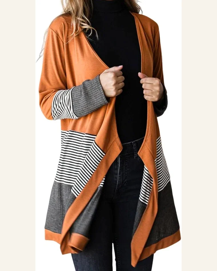 Cardigan Sweater Casual Orange Colorblock Striped Patchwork Open by SELINK