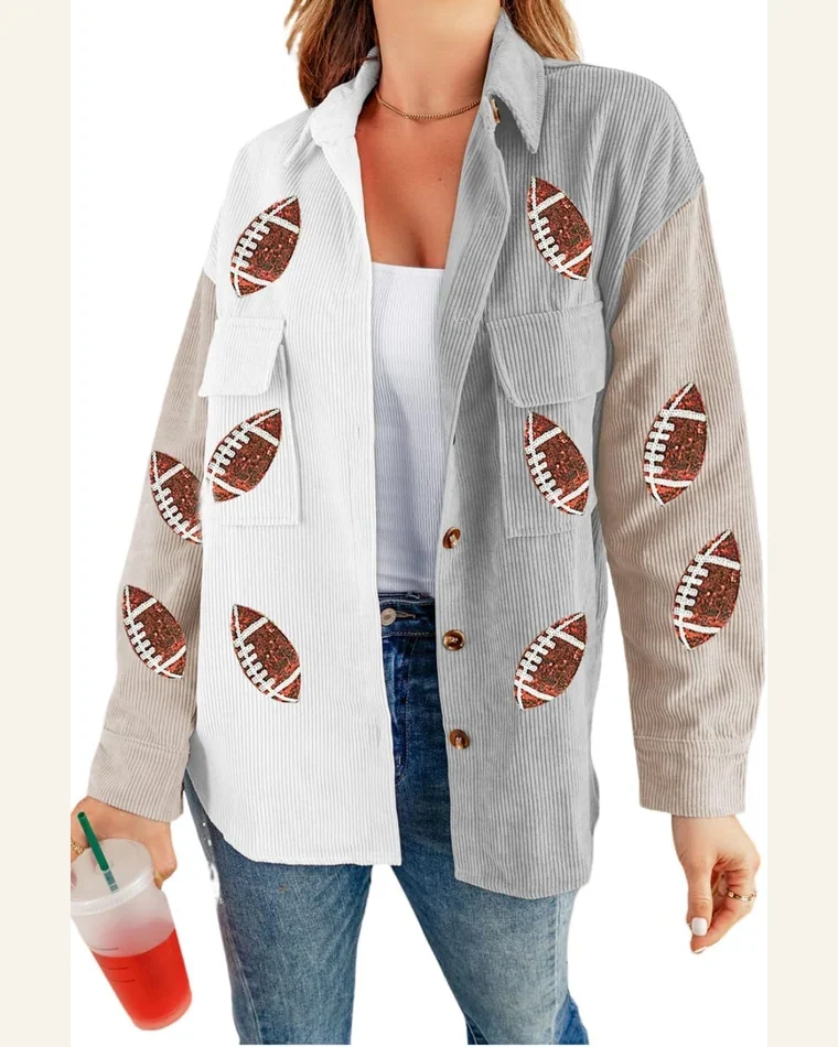 Shacket Jacket Casual White Sequin Rugby Graphic Flap by SELINK