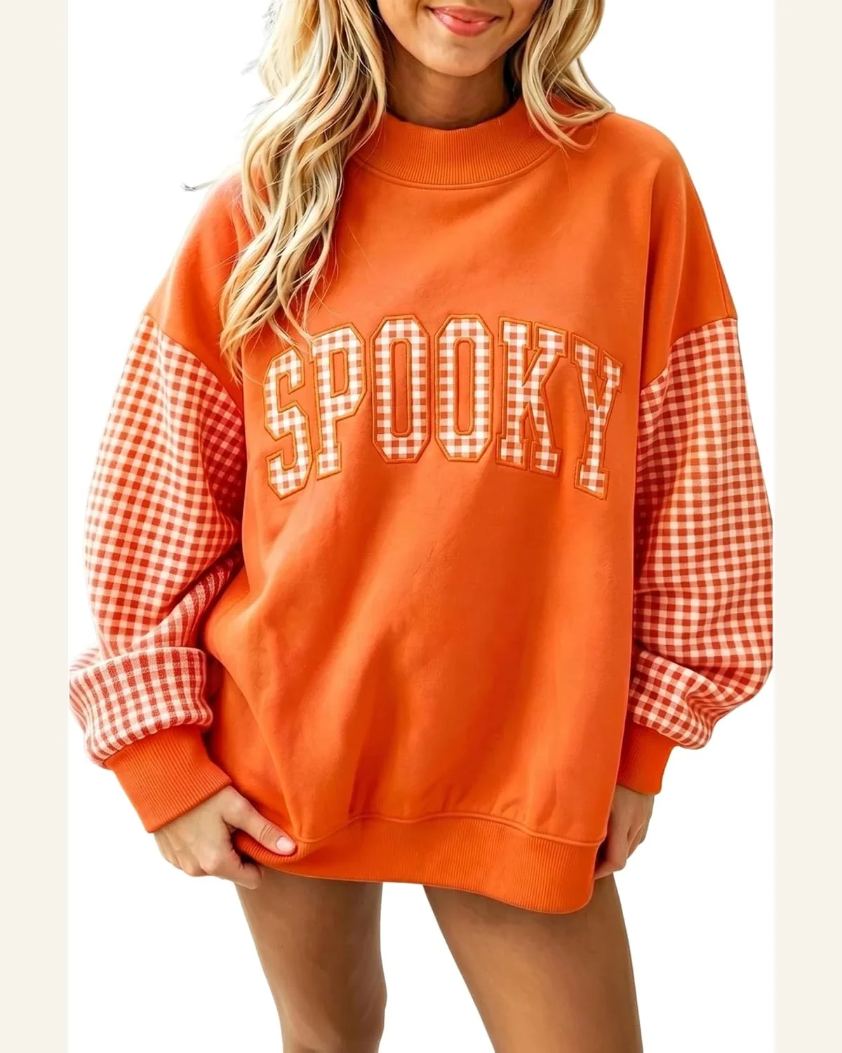 Oversized Mockneck Sweatshirt Plaid Letter Print Pullover Top by SELINK