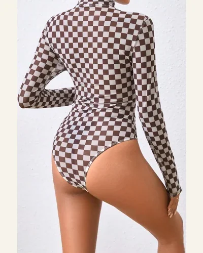 Bodysuit Brown Checkered Printed Long Sleeve High Neck, view 2