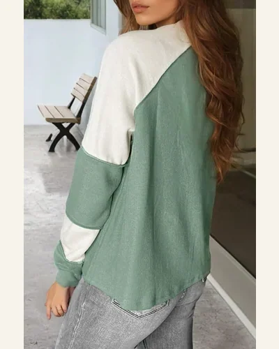 Tunic Tops Casual Mint Green Ribbed Colorblock Patchwork, view 2