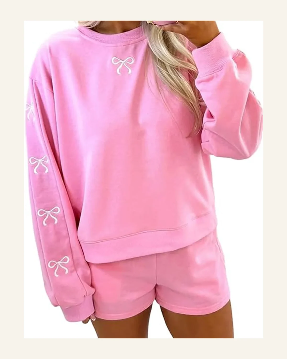 Casual Light Sachet Pink Bow Embroidered Puff Sleeve Sweater by SELINK